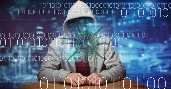 Samenstelling Van Covid Virus Cel Binaire Codering Gegevensverwerking Hacker Hoodie — Stockfoto