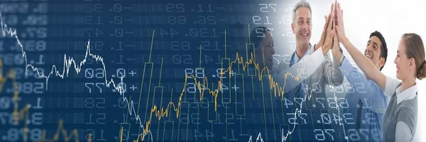 Sammansättning Finansiella Data Bearbetning Över Affärsmän Hög Femma Företag Framgång — Stockfoto