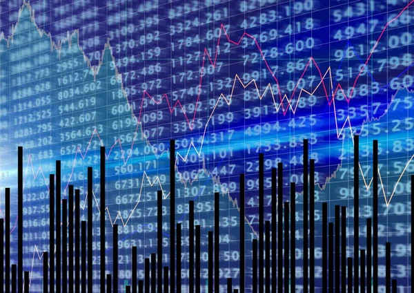 股票市场数据和图解处理的蓝色背景 金融和经济概念 数字生成的图像 — 图库照片