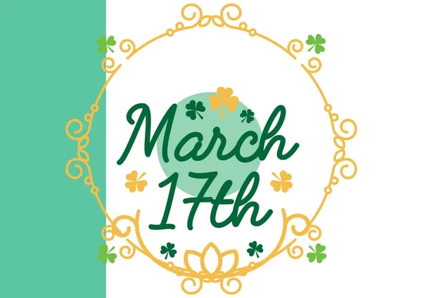 白い背景にクローバーと黄色のフレーム内の円上の3月17日のテキストの構成 アイルランドの伝統とお祝いのコンセプトをデジタルで — ストック写真