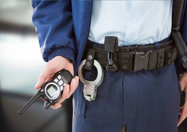 Composition Midsection Male Security Guard Holding Walkie Talkie Blurred Background — Stock Photo, Image