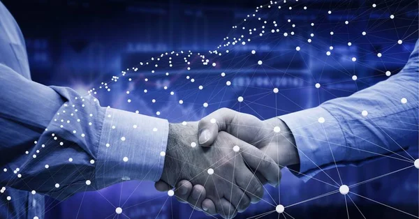 Network Connections Mid Section Two Businessmen Shaking Hands Data Processing — Stock Photo, Image