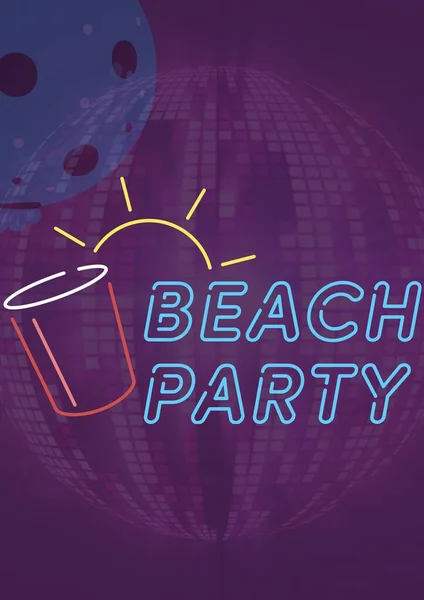 Composition Retro Beach Party Text Purple Mirror Disco Ball Celebration — Stock Photo, Image