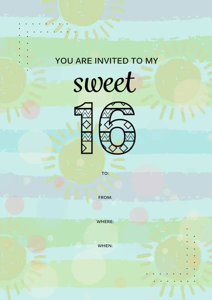 緑の背景にコピースペースと太陽のパターンで私の甘い16に招待されているあなたの構成 誕生日パーティー招待状とお祝いのコンセプトデジタル生成画像 — ストック写真