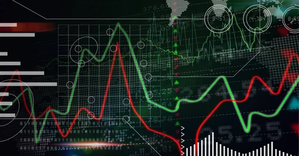 Flera Diagram Över Statistisk Och Aktiemarknadens Databehandling Svart Bakgrund Globalt — Stockfoto