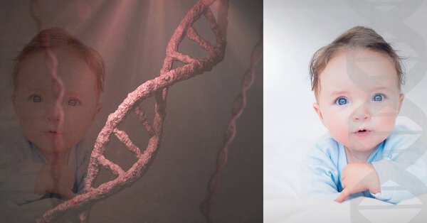 Caucasian baby with blue eyes on a digital dna red background concept. digitally generate image