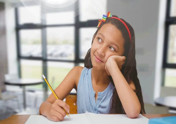 Samenstelling Van Kaukasisch Schoolmeisje Klas Met Vlekken Achtergrond Terug Naar — Stockfoto