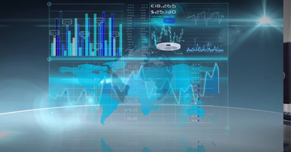 Composizione Statistiche Elaborazione Dati Sullo Schermo Sfondo Blu Tecnologia Globale — Foto Stock