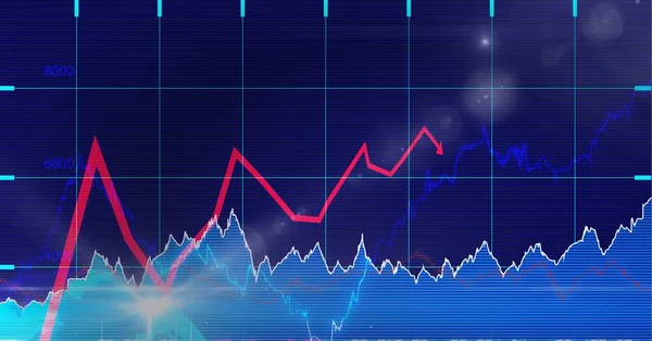 Több Grafikon Rácshálózaton Kék Hátterű Fényfoltokkal Szemben Globális Pénzügyi Technológiai — Stock Fotó