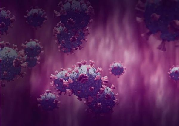 Mor Bir Zemin Üzerinde Yüzen Corona Virüs Hücreleri Covid Pandemik — Stok fotoğraf