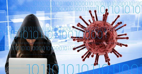 Sammansättning Covid Cellvirus Över Binär Kodning Och Kvinnliga Hacker Globalt — Stockfoto