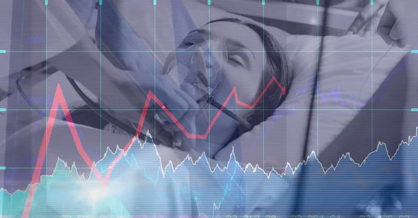 Composition of medical data processing over female patient with oxygen mask checked with stethoscope. global covid 19 pandemic concept digitally generated image.