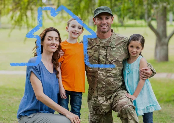 Composition House Drawing Portrait Male Soldier His Wife Children Patriotism — Stock Photo, Image
