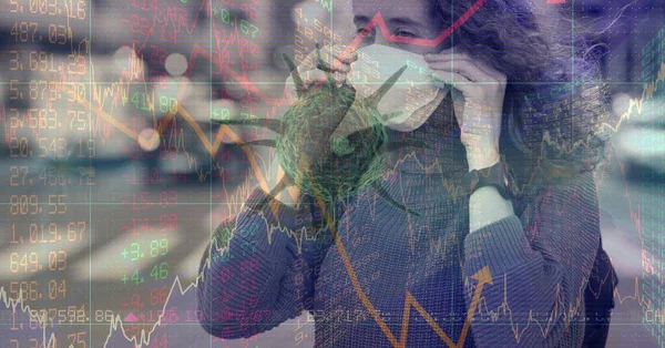 Composition Data Processing Covid Cell Woman Wearing Face Mask City — Stock Photo, Image