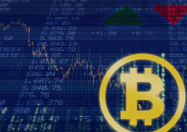 Bitcoin Über Börsendaten Und Graphikverarbeitung Wirtschaft Und Kryptowährungskonzepte Digital Generiertes — Stockfoto