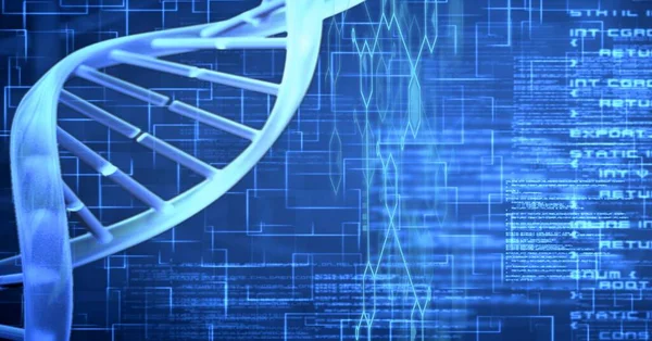 Sammansättning Dna Strängen Och Medicinsk Databehandling Över Blå Bakgrund Global — Stockfoto