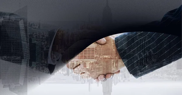 街を握手するビジネスマンの構成 ビジネス 成功の概念デジタル的に生成されたイメージ — ストック写真