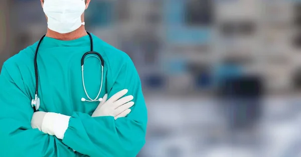 Środkowa Część Białego Lekarza Stetoskopie Rękawiczkach Masce Szpitalną Koncepcją Cyfrowo — Zdjęcie stockowe