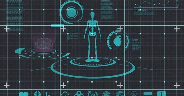 人間の骨格医療のアイコンと黒の背景にデータ処理の構成 世界中の医療 身体活動 テクノロジー デジタルインターフェースの概念がデジタルで生成された画像 — ストック写真
