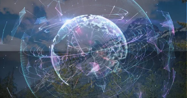 Sammansättning Jordklotet Med Nätverk Förbindelser Över Landskapet Bakgrunden Globala Nätverk — Stockfoto