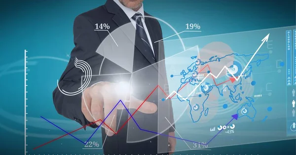 Sammansättning Affärsman Röra Interaktiv Skärm Med Databehandling Globalt Affärs Teknik — Stockfoto
