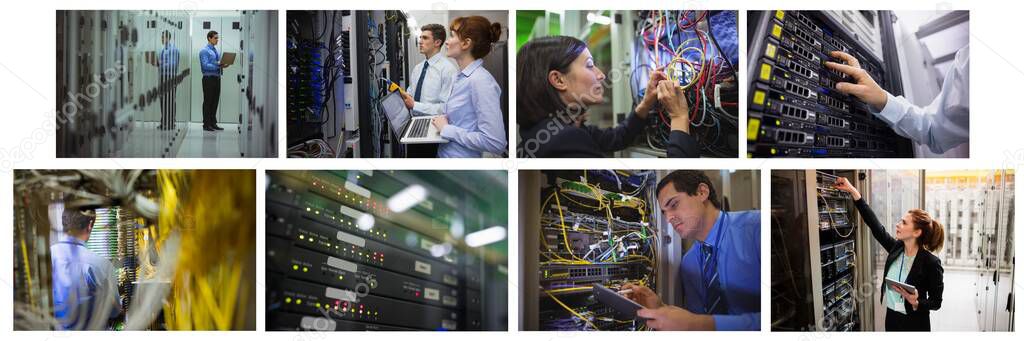 Composite of eight images with processors and technicians in tech room maintaining computer servers. global data processing, computing and technology concept digitally generated image.