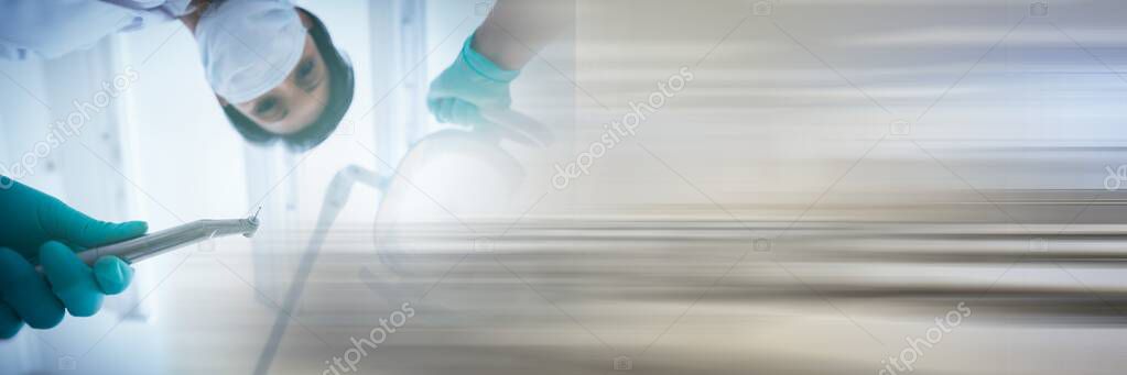 Composition of male dentist in face mask holding tools with blurred light trails. dentistry concept digitally generated image.