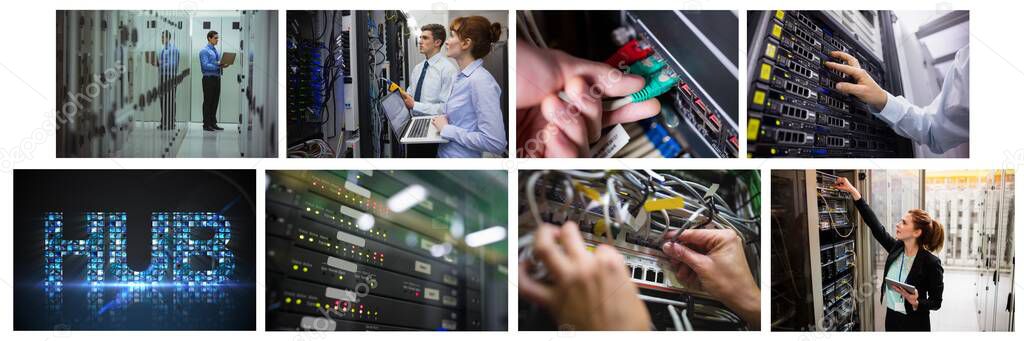 Composite of eight images with processors and technicians in tech room maintaining computer servers. global data processing, computing and technology concept digitally generated image.