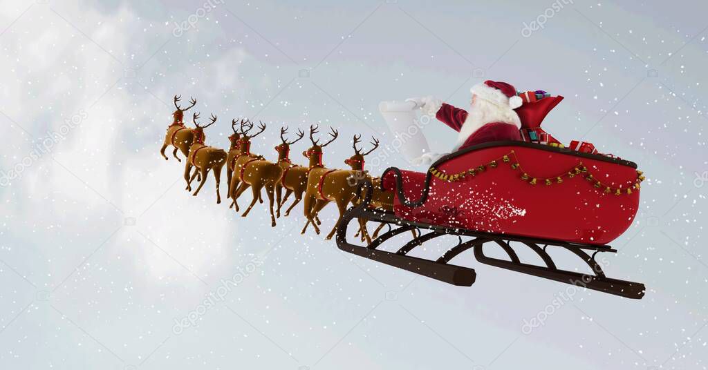 Composition of santa claus in sleigh pulled by reindeer over snow falling and clouds background. christmas tradition and festivity concept digitally generated image.
