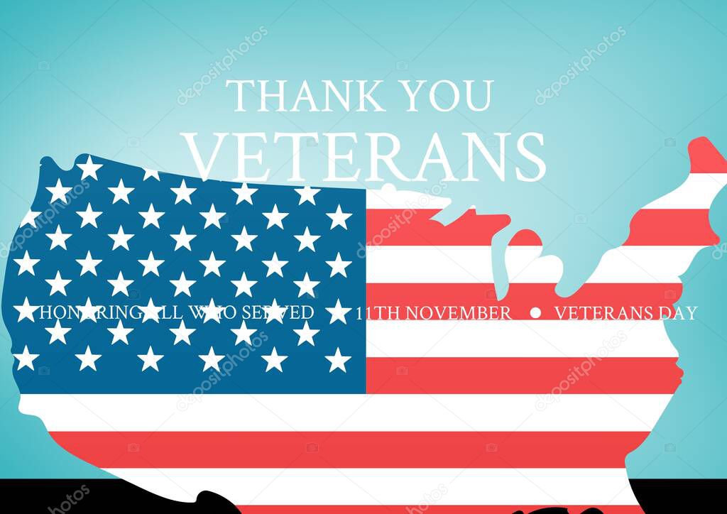 Thank you veterans over american flag country outline, veterans day and patriotism concepts. digitally generated image