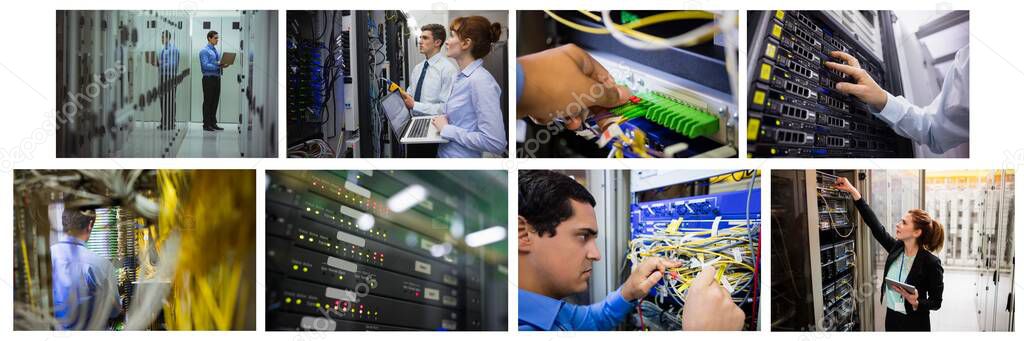 Composite of eight images with processors and technicians in tech room maintaining computer servers. global data processing, computing and technology concept digitally generated image.