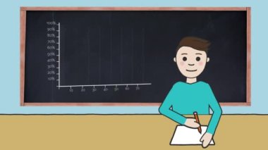 Tahtadaki beyaz istatistiklerinin animasyonu ve mavi arka planda yazan okul çocuğu. eğitim, öğrenme ve okul konsepti dijital olarak oluşturulmuş video.
