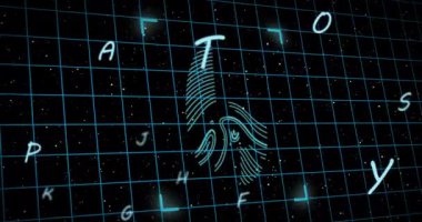 Siyah arka planda parmak izi ve harflerin animasyonu. küresel bilim, teknoloji ve dijital arayüz kavramı dijital olarak oluşturulmuş video.