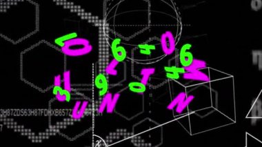 Matematiksel denklemler üzerinde yüzen harflerin ve sayıların animasyonu ve siyah arkaplan üzerindeki şekiller. küresel bilim, teknoloji ve dijital arayüz kavramı dijital olarak oluşturulmuş video.