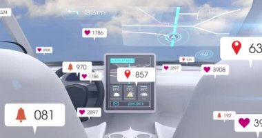 Sosyal medya simgelerinin ve otomobil üzerindeki afişlerin animasyonu. küresel ağ, sosyal medya, teknoloji ve dijital arayüz kavramı dijital olarak oluşturulmuş video.