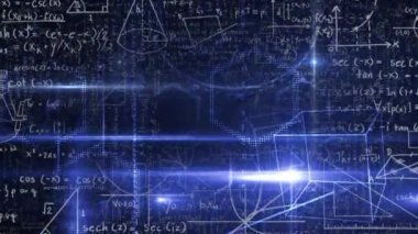 Matematiksel denklemlerin ve siyah arkaplan şekillerinin animasyonu. küresel bilim, teknoloji ve dijital arayüz kavramı dijital olarak oluşturulmuş video.