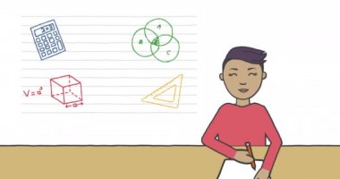 Hesap makinesinin ve matematik simgelerinin kağıt üzerinde canlandırılması ve okul çocuklarının beyaz üzerine yazması. eğitim, öğrenme ve okul konsepti dijital olarak oluşturulmuş video.