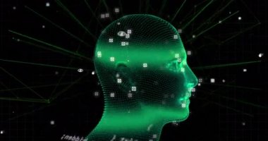 Siyah arka planda veri işleme ve dijital insan animasyonu. küresel bilim, teknoloji ve dijital arayüz kavramı dijital olarak oluşturulmuş video.