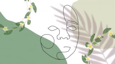 Yeşil, beyaz ve bej arka planda sarı ve beyaz çiçekli siyah çizgili yüz animasyonu. sanat, doğa ve renk konsepti dijital olarak oluşturulmuş video.