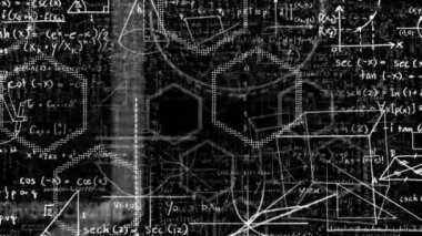 Matematiksel denklemlerin siyah arkaplan üzerindeki animasyonu. küresel bilim, teknoloji ve dijital arayüz kavramı dijital olarak oluşturulmuş video.