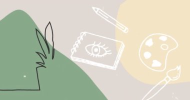 Sarı ve yeşil arka planda bitki üzerine el çizimi okul simgelerinin canlandırılması. eğitim, öğrenme ve okul konsepti dijital olarak oluşturulmuş video.