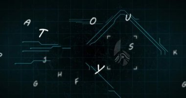 Siyah arkaplandaki parmak izi ikonu üzerinde yüzen harflerin canlandırması. küresel bilim, teknoloji ve dijital arayüz kavramı dijital olarak oluşturulmuş video.