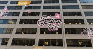 Bizi takip edin ve ofis binası üzerinde metin ve sosyal medya simgelerine abone olun. Retro sosyal medya, iletişim ve bağlantı konsepti dijital olarak oluşturulmuş video.