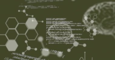 Yeşil arka planda kimyasal simgelerin ve veri işlemenin animasyonu. küresel bilim, teknoloji ve dijital arayüz kavramı dijital olarak oluşturulmuş video.