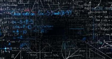 Matematiksel denklemlerin siyah arkaplan üzerindeki animasyonu. küresel bilim, teknoloji ve dijital arayüz kavramı dijital olarak oluşturulmuş video.