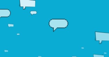 Mavi arka planda uçuşan klasik konuşma baloncuklarının animasyonu. Retro iletişim konsepti dijital olarak oluşturulmuş video.