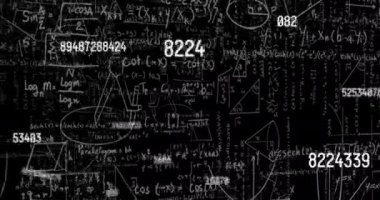 Matematiksel denklemlerin animasyonu ve siyah arkaplan üzerindeki sayılar. küresel bilim, teknoloji ve dijital arayüz kavramı dijital olarak oluşturulmuş video.