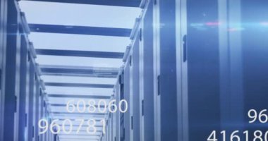 Sunucu odasındaki veri işleme ve numaraların animasyonu. küresel bilim, teknoloji ve dijital arayüz kavramı dijital olarak oluşturulmuş video.