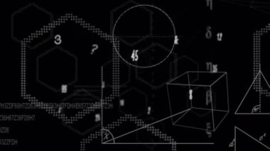 Matematiksel denklemlerin ve siyah arkaplan şekillerinin animasyonu. küresel bilim, teknoloji ve dijital arayüz kavramı dijital olarak oluşturulmuş video.