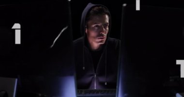 Bilgisayar kullanan Kafkasyalı hacker üzerindeki simgelerin animasyonu. küresel bilim, teknoloji ve dijital arayüz kavramı dijital olarak oluşturulmuş video.